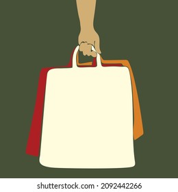 Hand is holding three shopping bags different color mockup cutout flat design abstract vector illustration