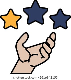 A hand holding three stars in the air. The hand is holding the stars in a way that they are not touching each other. The stars are yellow and blue