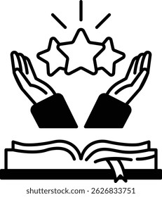 A hand holding three stars in the air with an open book in the background