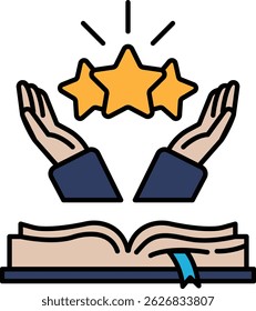 A hand holding three stars in the air, with an open book in the background. Concept of achievement and success, as the stars represent recognition and the book symbolizes knowledge and learning