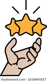 A hand holding three stars, each star is yellow. The hand is holding the stars in a way that they are shining brightly. Concept of positivity and achievement