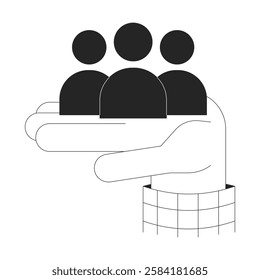 Hand holding three symbolic human figures outline illustration. Supporting teamwork, leadership. Team management isolated 2D vector image black and white. Monochromatic drawing clip art