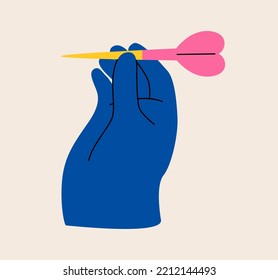 Hand holding throwing dart with sharp tip. Colorful vector illustration
