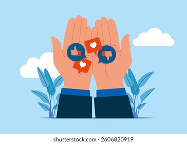 Hand holding thumb up shape sign and heart icon. Social media communication. Positive and negative feedback vision. Modern vector illustration in flat style.