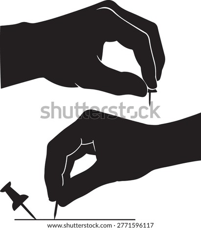 Hand holding thumb tack, pushing tack, office supplies, fixing, securing, pinpoint, pushpin, surface.