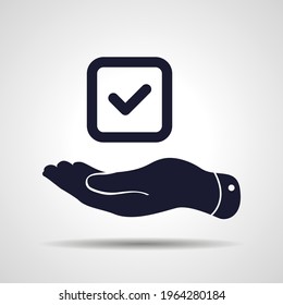 Hand Holding Tick Sign Icon. Hand Giving Check Mark Badge Illustration. Approved Vector Symbol