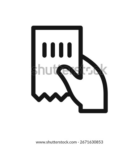 Hand holding ticket with barcode outline icon, hand holding cash receipt line vector symbol with editable stroke