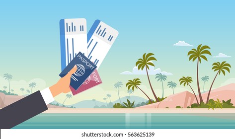 Hand Holding Ticket Boarding Pass Travel Document Seaside Vacation Sea Beach Background Flat Vector Illustration