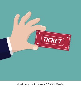 Hand holding ticket in a flat design. Vector illustration.