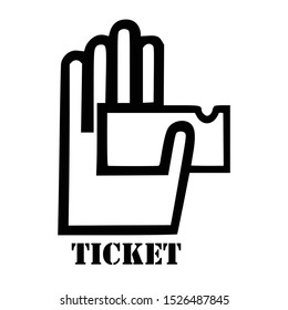 Hand holding ticket icon,  logo, symbol, sign. Template isolated on white background. 2D simple flat Style graphic design. Black and white color. Vector EPS10