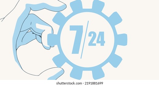 Hand holding time operation mode in gear. Seven days twenty four hour. Business concept