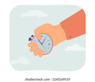 Hand holding timer flat vector illustration. Person with stop-watch or timekeeper running out clock. Countdown, time management concept for banner, website design or landing web page