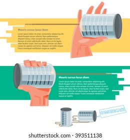 Hand holding tin cans to listening or talking together. communication concept - vector illustration