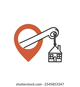 hand holding tiny house miniature come out from gps pin doodle cartoon style