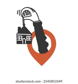 hand holding tiny house miniature come out from gps pin doodle cartoon style