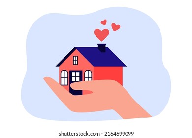 Hand holding tiny house with red comic hearts. Person selling or buying property flat vector illustration. Real estate, mortgage, investment concept for banner, website design or landing web page