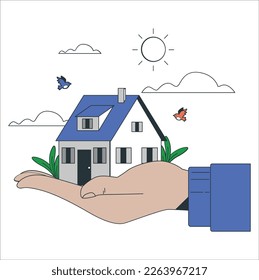 Hand holding tiny house with red comic hearts. Person selling or buying property flat vector illustration. Real estate, mortgage, investment concept for banner Hands presenting a tiny house.