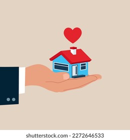 Hand holding tiny house with red comic hearts. Selling or buying property. Modern vector illustration in flat style