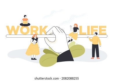 Hand holding tiny people on work life balance scales. Male and female characters choosing between relationships in family and career with financial success flat vector illustration. Comparison concept