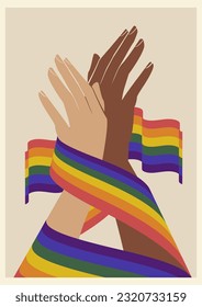 Hand holding together rainbow lgbt flag, pride month illustration. Multiracial love.