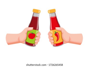 hand holding tomato sauce and chili bottle, tomato and spicy sauce symbol for food in cartoon flat illustration vector isolated in white background