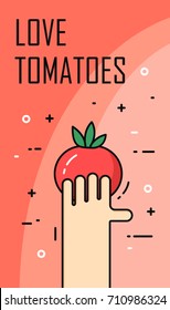 Hand holding a tomato. Thin line flat design. Vector card.