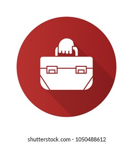Hand holding tool bag flat linear long shadow icon. Toolbox. Carpenter, repairman. Vector outline symbol