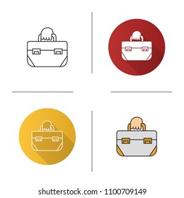 Hand holding tool bag icon. Toolbox. Carpenter, repairman. Flat design, linear and color styles. Isolated vector illustrations