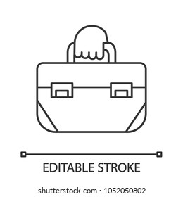 Hand holding tool bag linear icon. Toolbox. Thin line illustration. Carpenter, repairman. Contour symbol. Vector isolated outline drawing. Editable stroke