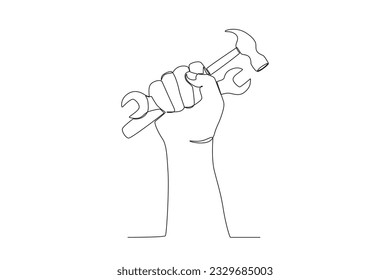 A hand holding a tool. Labor Day one-line drawing