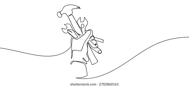 Mano que sostiene una herramienta, una línea continua Estilo lineal simple minimalista. Ilustración de contorno de Vector.