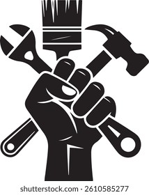 Hand holding tools, wrench, hammer, and paintbrush