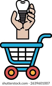 A hand holding a toothbrush with a shopping cart in the background. Concept of dental hygiene and the importance of taking care of one's teeth