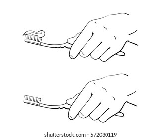 Hand holding toothbrush, Vector sketch, Hand drawn illustration isolated on white