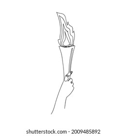 Hand holding torch drawn by one line. Symbol of Olimpic Flame and sports. Sketch. Vector illustration in graphic style.