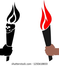 A hand is holding a torch with fire. A stub with a torch