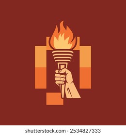 Hand holding a torch with a flaming fire, logo vector icon illustration.