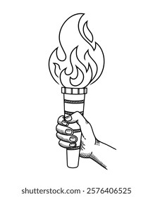 Hand holding torch illustration, detailed black and white line art of flaming torch, classic outline drawing for graphic projects, symbol of victory and empowerment.