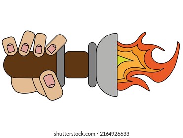 Hand holding a torch, isolated on white background in cartoon style in vector graphic