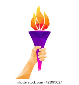 Hand holding torch. Low poly abstract geometric design. Vector illustration.