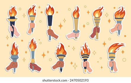 Hand holding a torch stickers set. Vector isolated burning torches flames in hands. Symbols of relay race, Sport, competition victory, champion. Hand drawn flat design.