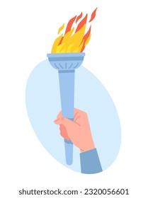 Hand holding torch. Symbol of enlightenment and education. Olympian sport tournament ceremony. Arm clutching blazing stick in fist. Burning fire. Success and triumph