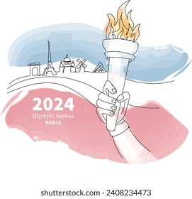 a hand holding torches, a line drawing in the background, France waiting for athletes. vector illustration, EnrouteFrance