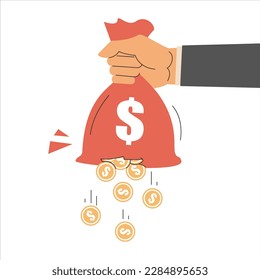 Hand holding torn money bag vector isolated. Golden coins falling out of the red money bag. Concept of financial crisis, debt and high tax.