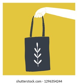 Hand holding tote bag. Zero waste shopping, plastic free. Vector illustration