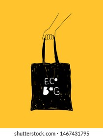 Hand holding tote bag. Zero waste shopping, plastic free. Vector illustration, reusable textile shopping bag in simple style. Eco style. No plastic. 