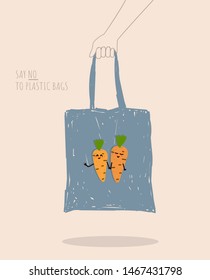 Hand holding tote bag. Zero waste shopping, plastic free. Vector illustration, reusable textile shopping bag in simple style. Eco style. No plastic. 