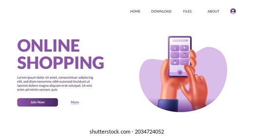 Hand holding and touch 3d cute mobile smart phone with shop app ecommerce. Online shopping illustration concept with 3d icon.
