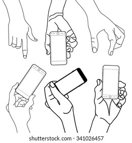 Hand holding Touch mobile smart phone with blank screen. Isolated on white. Illustration