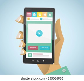 Hand holding and Touch on Black Smartphone with simple flat UI